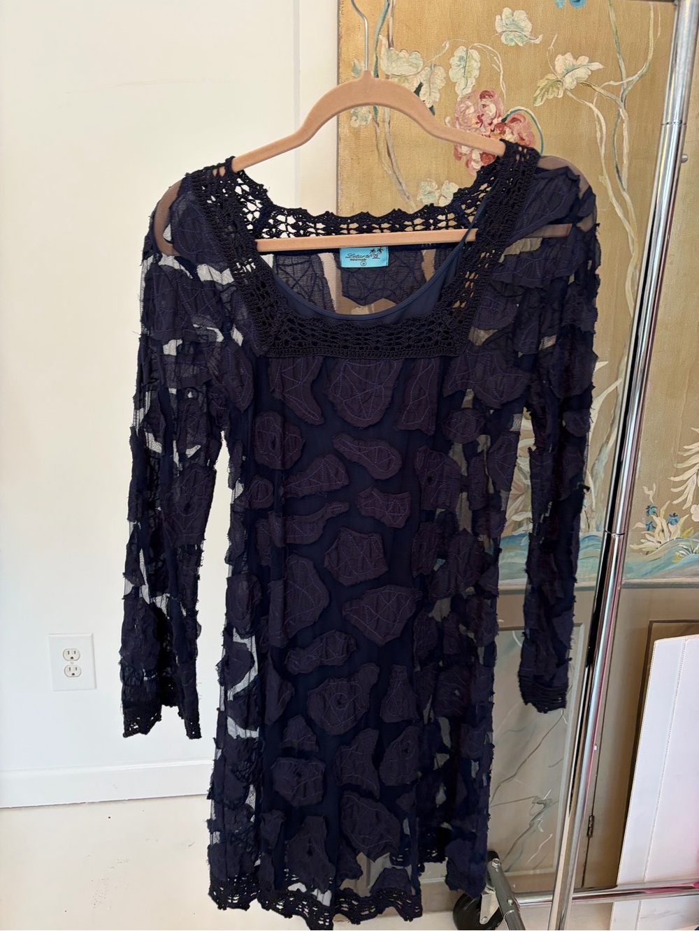 Letarte Navy Crochet Long Sleeve Overlay Dress